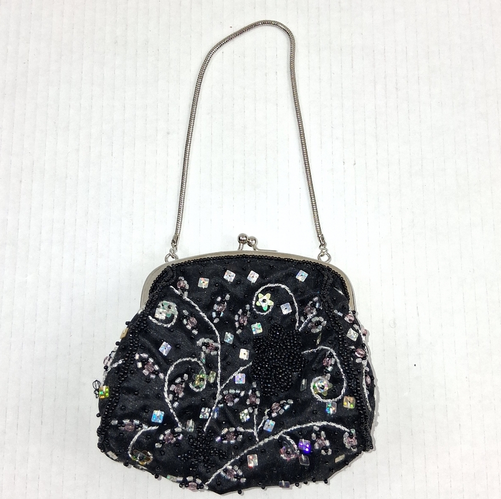 Vintage Lord & Taylor Black Satin Multicolor Beaded Kisslock Evening Bag